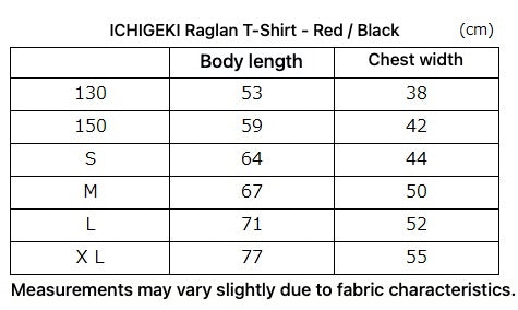 ICHIGEKI Raglan T-Shirt - Red / Black - English size and fit guide