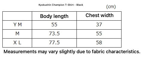 Kyokushin Champion T-Shirt - Black - English size and fit guide