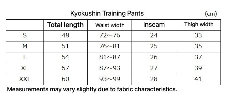 Kyokushin Training Pants - English size and fit guide