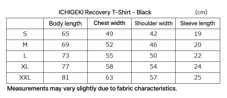 ICHIGEKI Recovery T-Shirt - Black - English size and fit guide