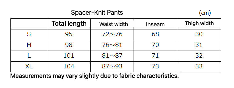 Spacer-Knit Pants - English size and fit guide