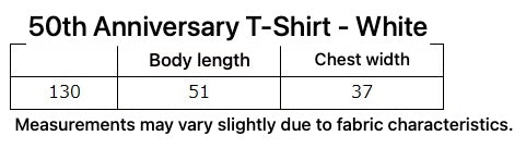 50th Anniversary T-Shirt - White - English size and fit guide